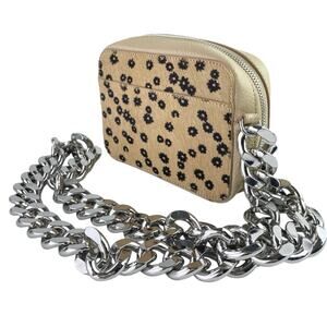 Kara Brown Calf Hair XL Silver Chain Daisy Floral Purse Crossbody Camera Bag